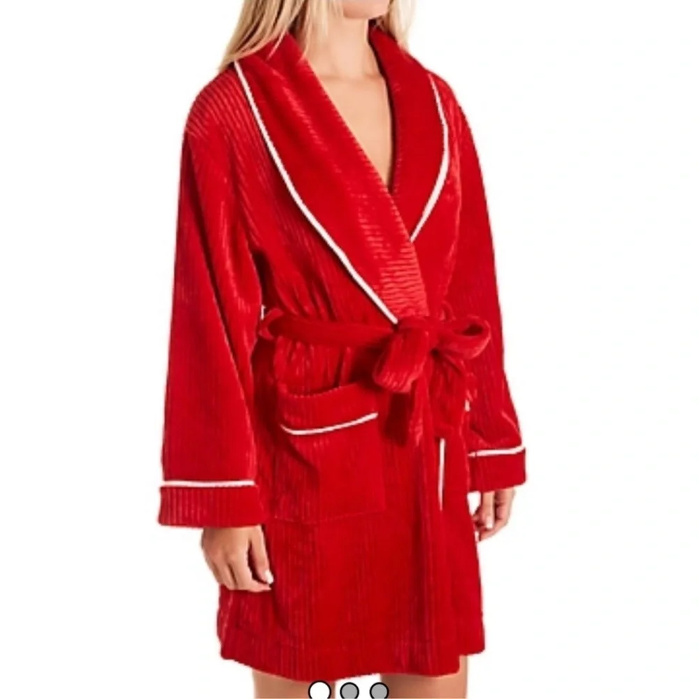 Kate Spade Plush Chenille Shawl Collar Robe Red Belted Cozy Lounge Medium